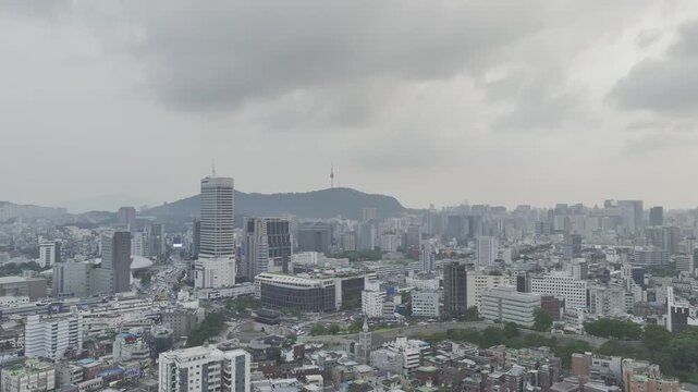 Aerial Drone View of Jongno Cityscape near Dongmyo Station and DDP Dongdaemun Design Plaza in Seoul, South Korea