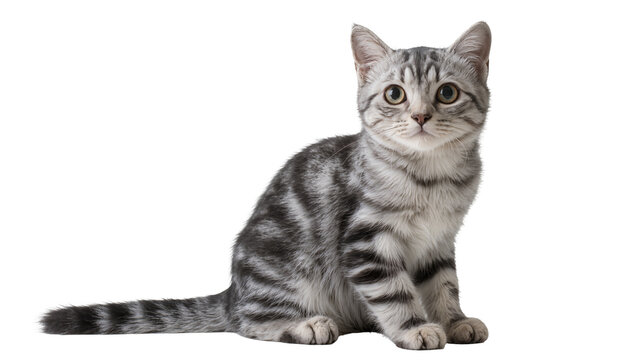 Silver tabby kitten sitting with striped fur