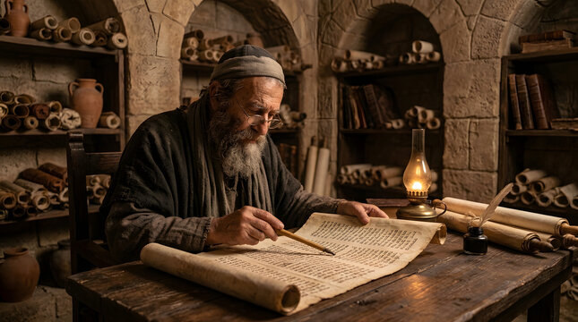 Elderly scholar or scribe studying and writing on an ancient scroll by lamplight