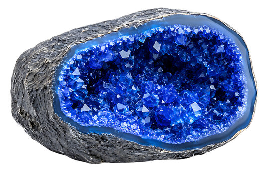 Blue crystal geode with sparkling mineral cavity and rugged gray stone exterior for gemstone decor luxury collection isolated on a transparent background