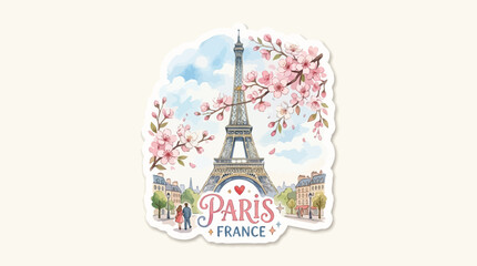 Romantic Watercolor Illustration of the Eiffel Tower in Paris France with Blooming Cherry Blossoms and a Loving Couple Sticker