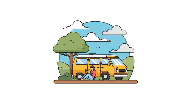 Woman sitting next to yellow van.