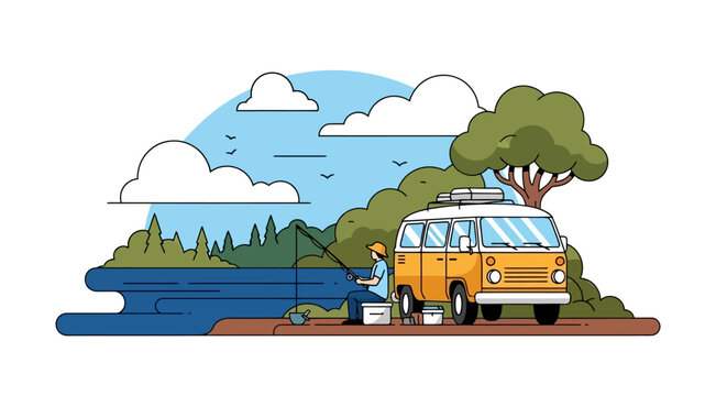 Yellow camper van by lake shore.