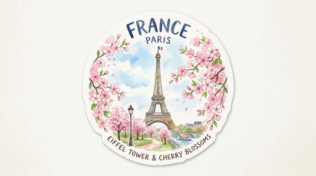 Watercolor Paris France sticker design featuring Eiffel Tower and pink cherry blossoms in spring