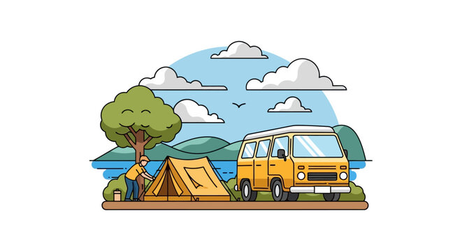 Yellow camper van with tent outdoors.