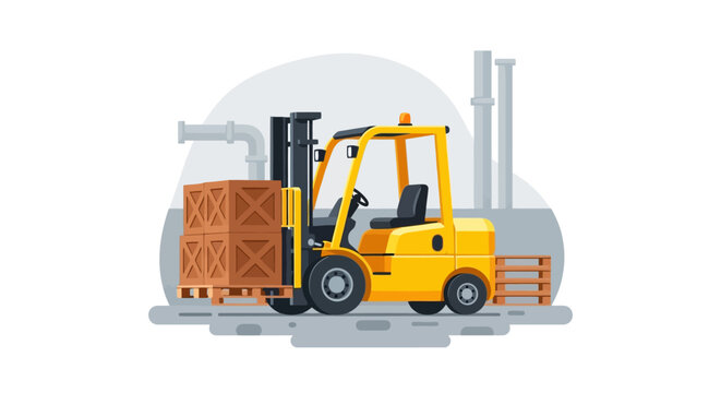 Yellow Forklift Lifting Wooden Pallet.