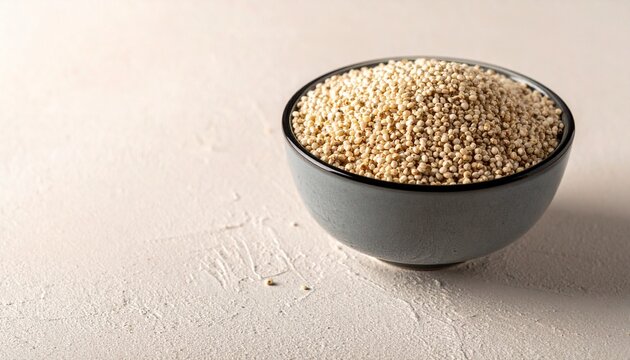Raw organic little millet grains in a grey bowl on a light concrete background