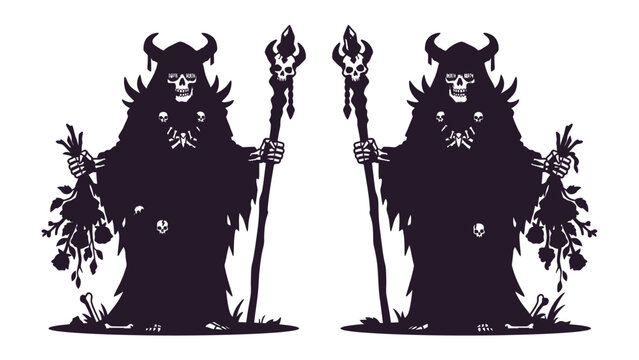 Dark Duo: Two eerie silhouettes of a grim reaper stand sentinel, holding staffs and bundles of fruit, a symbol of mortality and harvest.