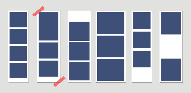 Photo booth strip frame set. Vertical photo collage template collection. Blank picture layout mockup. Scrapbook memory frame vector.