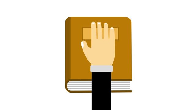 A flat animation showing a hand rising up to take an oath on a brown book over an isolated white background.