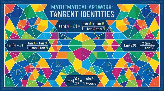 Geometric tiling background featuring essential tangent trigonometric formulas and symbols.