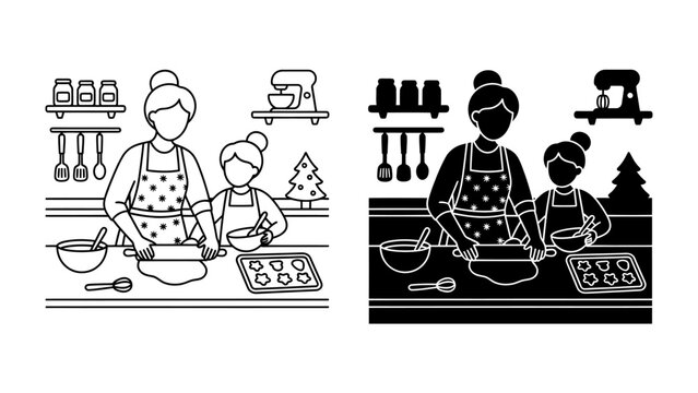 Christmas Baking Duo: A mother and daughter work together in a cozy kitchen, rolling dough and preparing Christmas cookies, surrounded by festive decor.