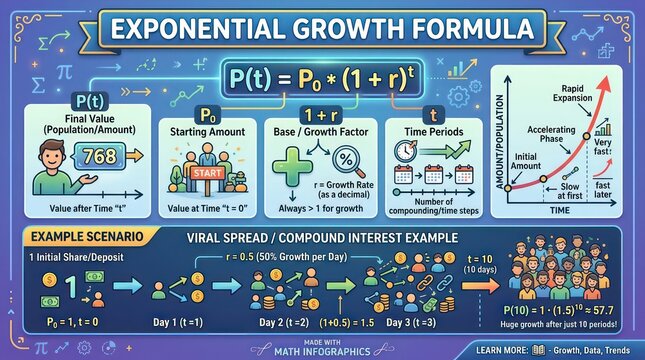 Educational poster illustrating exponential growth formula with viral spread scenario graphic.
