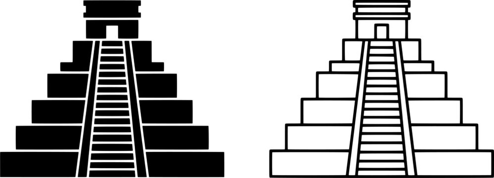 Maya pyramid icon set. Step temple symbols in solid black and outline styles. Editable vector illustration on white background.