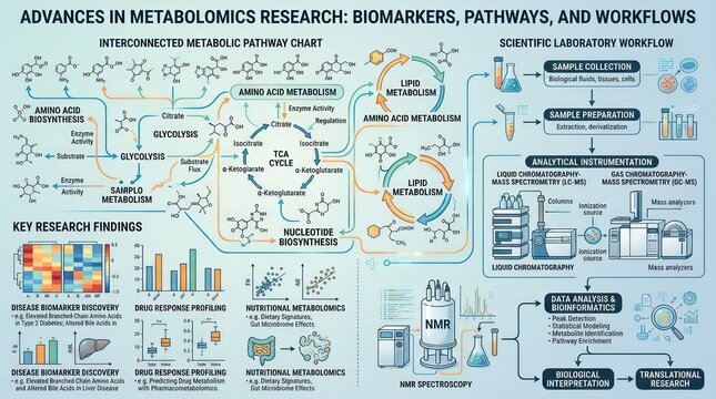 Advanced metabolic research infographic featuring pathway charts and lab analytical tools.