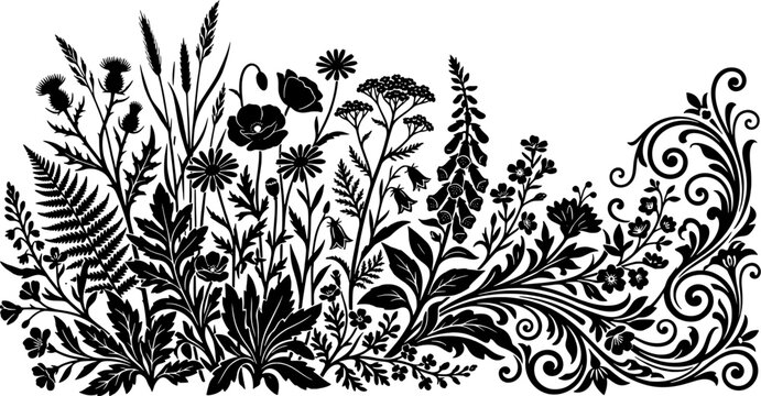 Wildflower border silhouette icon set including poppies, thistle, ferns, foxglove and floral swirls. Editable vector illustration in black on white background.