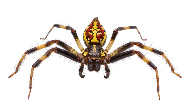Yellow and red spider with black striped legs