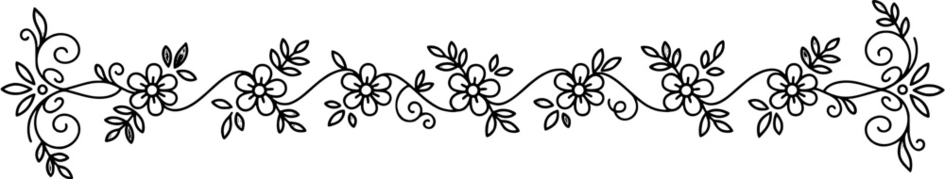 Floral divider set in a decorative hand drawn style featuring black flowers and scrolling vines. Editable vector illustration isolated on white background.