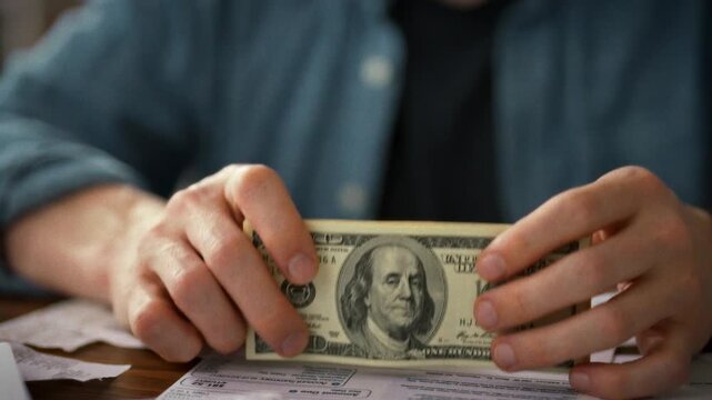 Entrepreneur's hands grip a thick stack of dollar bills on his office desk, showcasing direct cash handling and precise financial control, emphasizing hands-on management in daily business operations