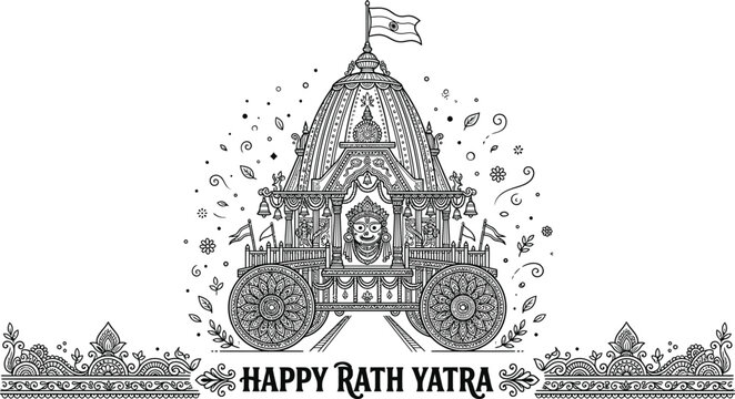 Happy Rath Yatra Chariot Vector Illustration - Lord Jagannath Festival Silhouette Line Ar