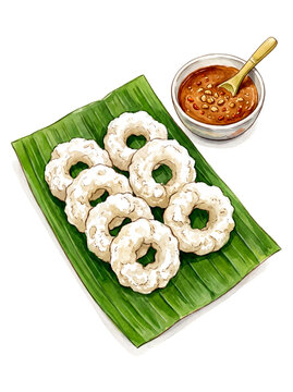 Geblek, Traditional Kulon Progo Fried Cassava Ring Snack with Spicy Peanut Sauce, Watercolor Illustration Isolated