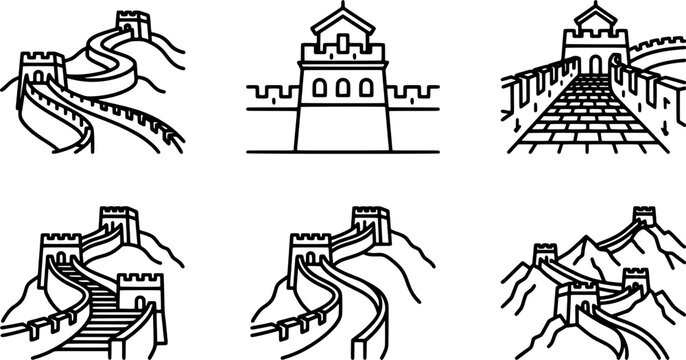 Great Wall of China icon set in a flat line art style including watchtowers, fortifications and ancient stone architecture.