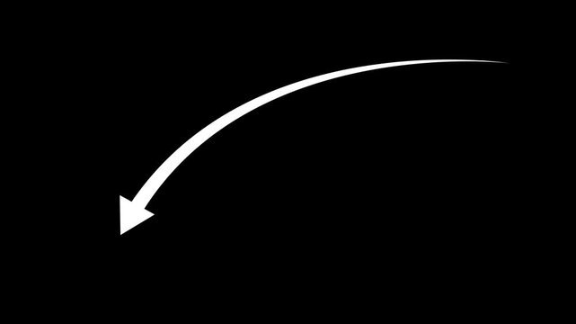 White curved arrow drawing animation downwards on black background.