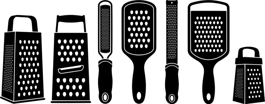 Kitchen grater icon set in a flat black silhouette style including box graters, zesters and handheld cheese shredders.
