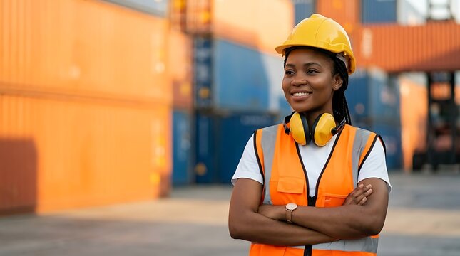 Portrait of a smiling female logistics engineer wearing safety gear at a cargo port container yard