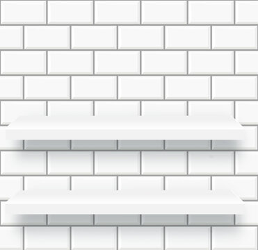White shelf on wall. Bathroom or kitchen interior with product podium. Vector