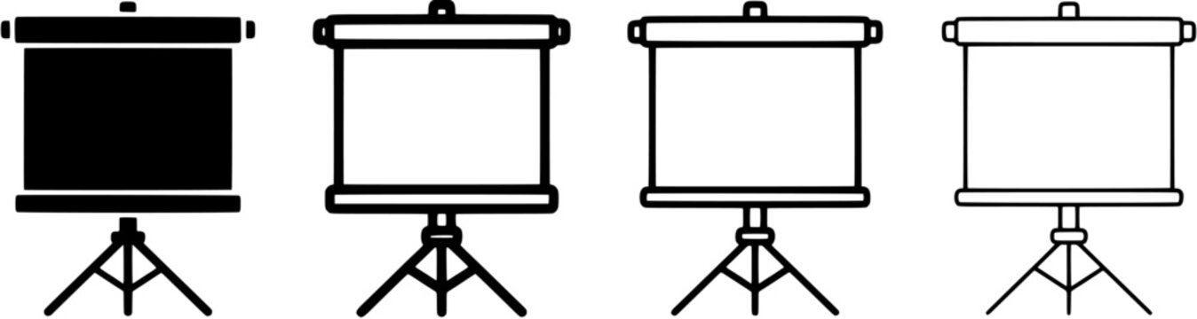 Projection screen icon set. Portable projector screens in solid black and outline styles. Editable vector illustration on white background.