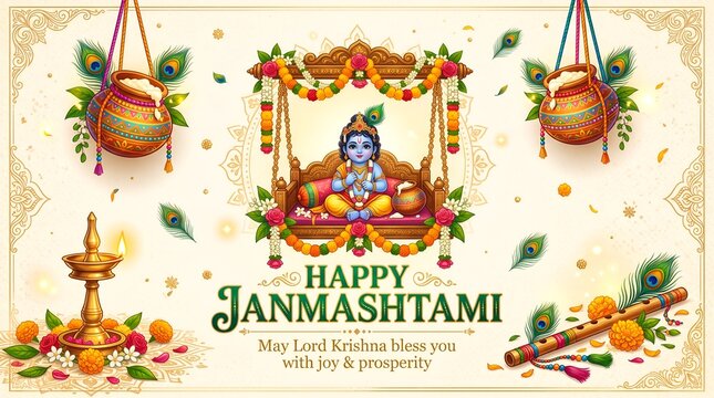 3D Happy Janmashtami premium typography banner with blue and gold ornate clay pots hanging dahi handi and traditional line art