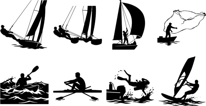 Water sports icon set in a flat black silhouette style including sailing, kayaking, rowing, scuba diving, fishing and windsurfing.