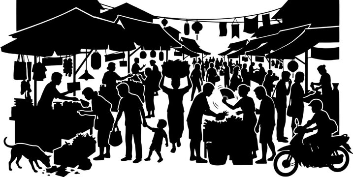 Street market silhouette set including vendors, shoppers, food stalls and a motorbike. Flat black illustration of an outdoor bazaar scene.