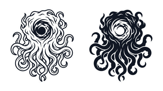 Tentacle Monster Graphic: Two stylized illustrations of a creature with swirling tendrils, one in black and white and the other in a dark silhouette, suggesting a mysterious or monstrous entity.