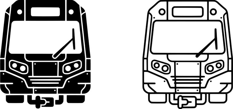 Train icon set in solid black and outline styles. Front view of a railway locomotive symbol. Editable vector illustration on white background.