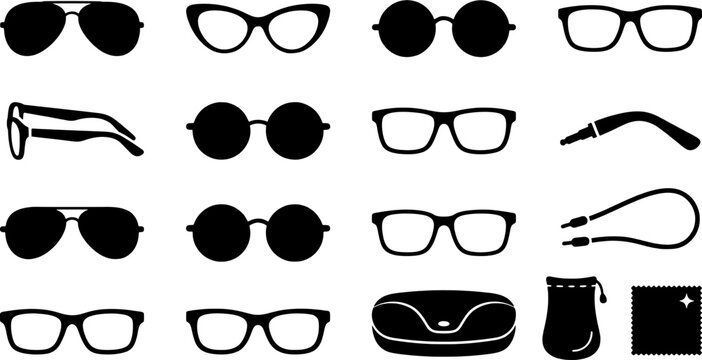 Eyewear icon set in a flat black silhouette style including sunglasses, spectacles, reading glasses, protective case, cleaning cloth and accessories.