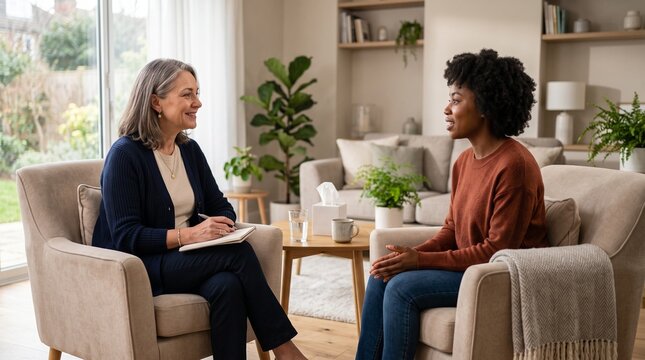 Two women in a therapy session, one is a therapist writing notes and the other is a client sharing her feelings