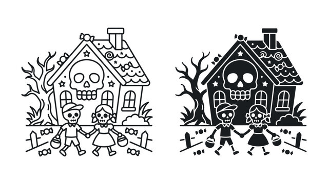 Spooky House Adventure: Two children hold hands, approaching a haunted house adorned with a skull, ready for a night of Halloween trick-or-treating.