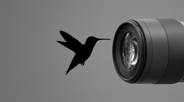 Hummingbird in flight silhouette with camera lens focus