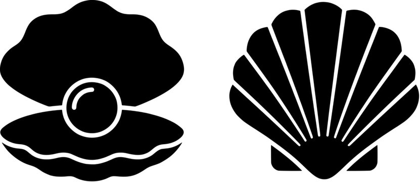 Seashell icon set in a flat black silhouette style including open shell with pearl and scallop shell.