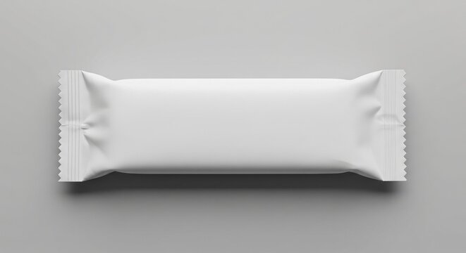 Realistic 3D render of a blank white candy bar wrapper isolated on a neutral grey background