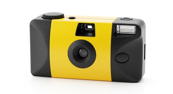 Retro yellow and black disposable film camera with rewind knob and flash isolated on white