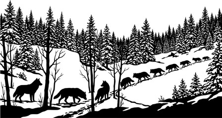 Naklejka premium Pack of wolves walking in a snowy coniferous forest. Silhouette illustration featuring a winter landscape with pine trees on a white background.