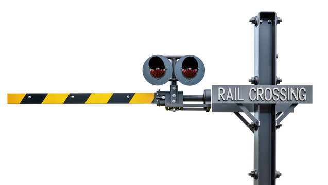 Railroad crossing gate with yellow and black stripes and red lights