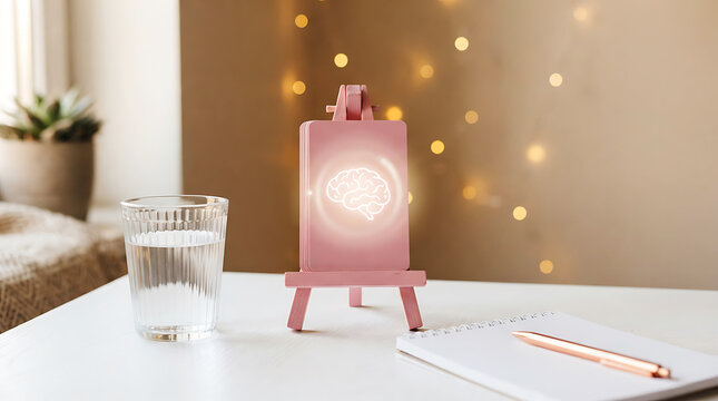 Pink easel with brain outline on white desk