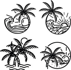 Fototapeta premium Palm tree beach sunset line art vector logo set, summer wave badge illustration for tropical apparel design
