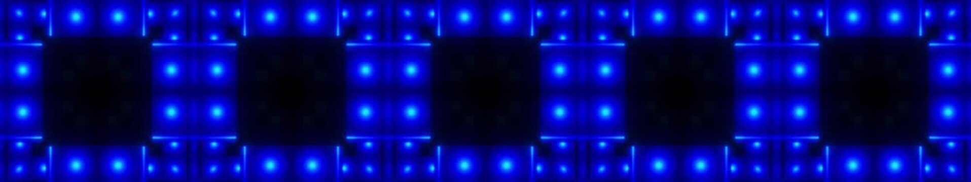 Blue LED square panel wall with glowing cyan lights and dark digital tiles in panoramic widescreen, seamlessly looped video