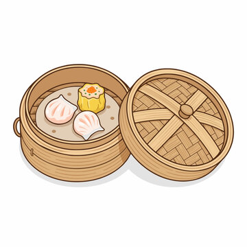 Chinese dim sum har gow and shumai in bamboo steamer basket