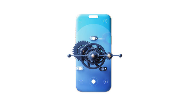 Smartphone screen with gears and toggles, blue gradient interface